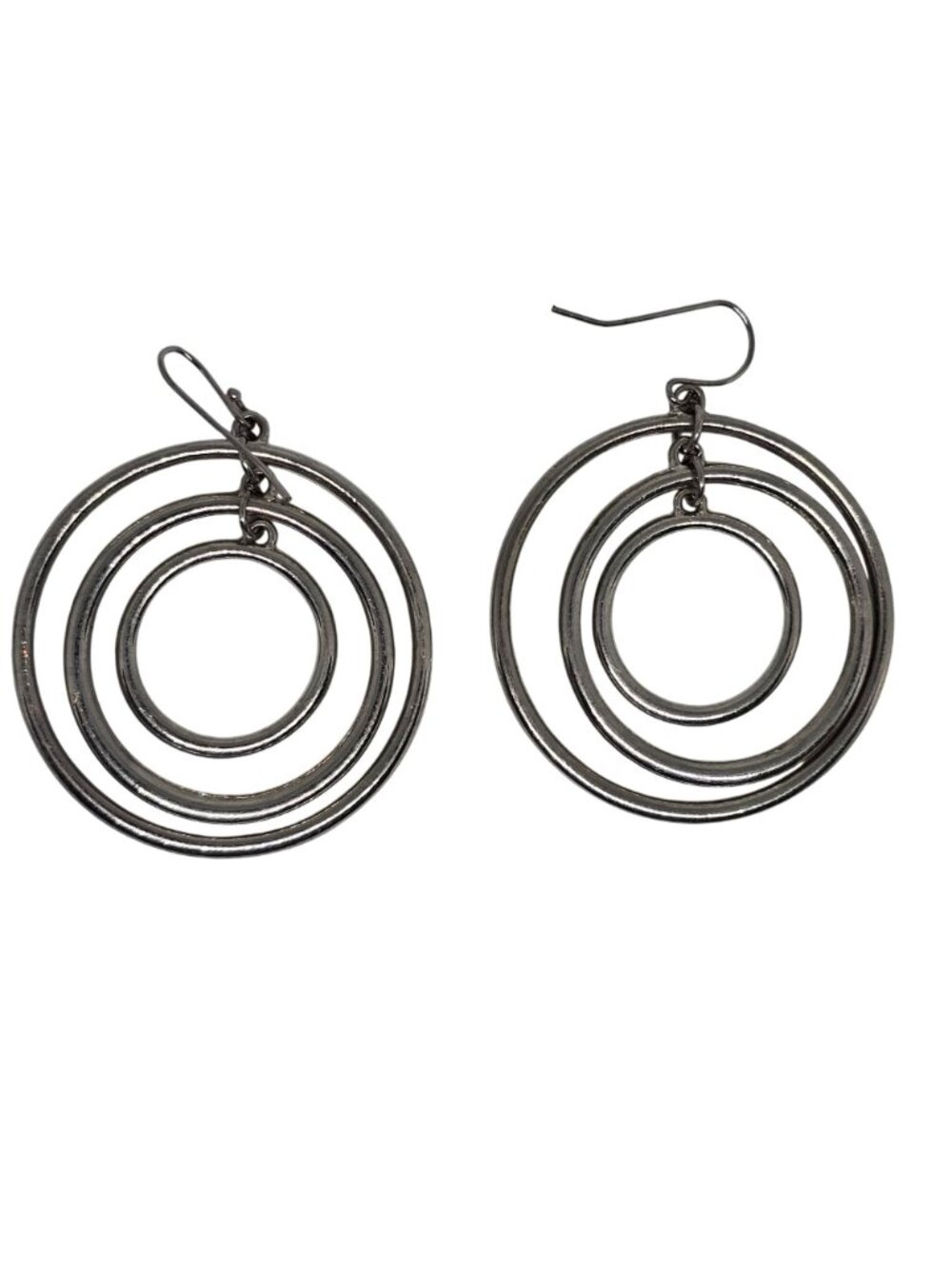 Vintage Silver Tone Triple Circle Hoop Dangle Earrings Rhinestone Accents - Picture 2 of 8